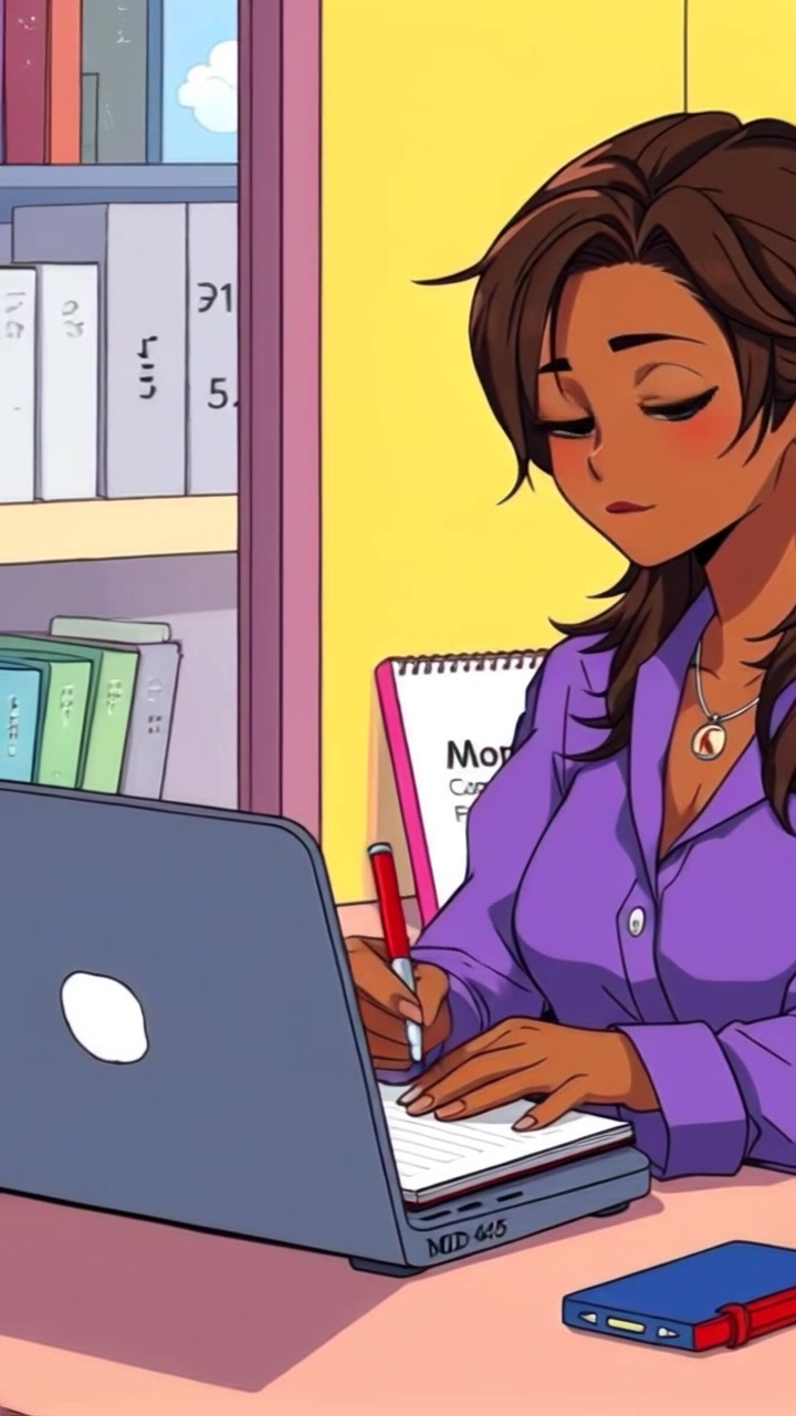 Subject: A focused individual sitting at a desk with a laptop, jotting down ideas in a notebook. Subject movement: The individual writes intently, occasionally glancing at the laptop screen and pausing to think. Scene: A cozy home office filled with books and plants, with a warm wooden desk and soft, inviting decor. Style: Morning light streaming through a window, illuminating the workspace with a soft glow. Motion: Camera performs a smooth push-in shot, capturing the details of the writing process, then glides around the desk to reveal the surrounding environment.