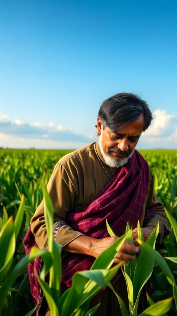 Subject: A person diligently working in a lush green field. Subject movement: The person bends down to tend to the crops, occasionally standing to survey the area. Scene: Expansive green field with vibrant crops under a clear blue sky. Style: Bright, natural daylight enveloping the scene, creating a lively atmosphere. Motion: Camera gently pushes in as the person moves through the rows of crops, capturing the tranquility of the setting while showcasing the beauty of nature.