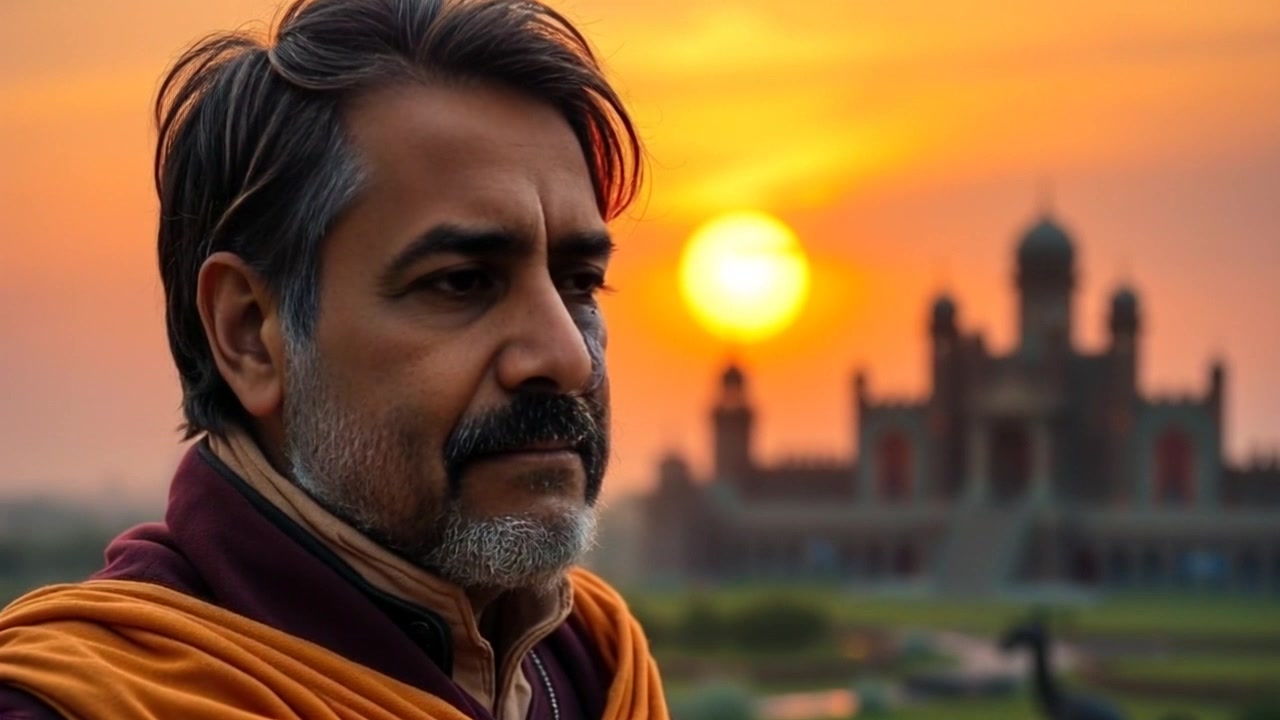 Subject: Raj, looking thoughtful against a warm sunset backdrop. Subject movement: Raj gently shifts his gaze towards the horizon, lost in contemplation. Scene: A wide shot capturing Raj silhouetted against a vibrant sunset, with hues of orange and purple filling the sky. Lighting: Warm, golden-hour tones enriching the atmosphere. Motion: The camera slowly pushes in on Raj, enhancing the emotional depth of the scene as the sunset casts a nostalgic glow over everything.