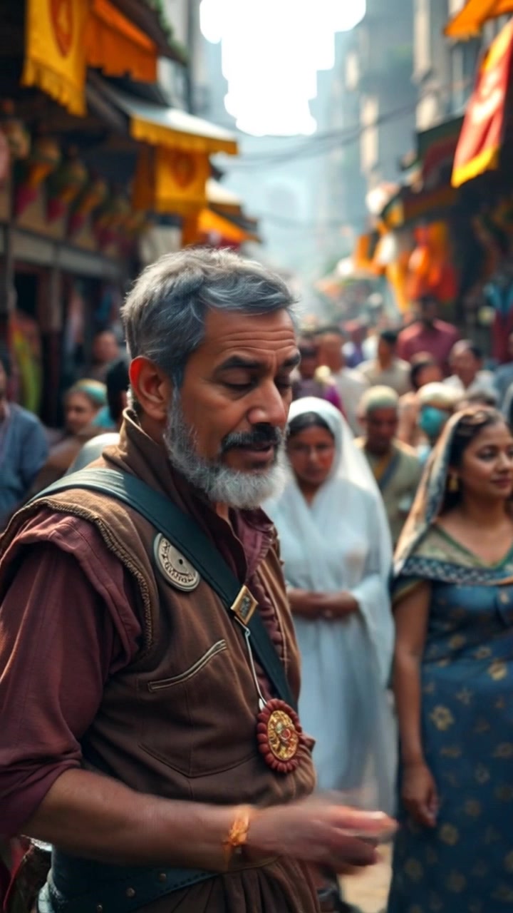 Subject: Raj in the center of a vibrant market, engaging with the lively crowd around him. Subject movement: Raj gestures animatedly, while the crowd shifts and moves with excitement. Scene: A bustling market filled with colorful stalls and diverse people, creating an energetic atmosphere. Lighting: Bright, natural sunlight illuminating the scene. Motion: The camera performs a dynamic handheld tracking shot, weaving through the crowd, capturing the vibrant interactions and the lively ambiance.