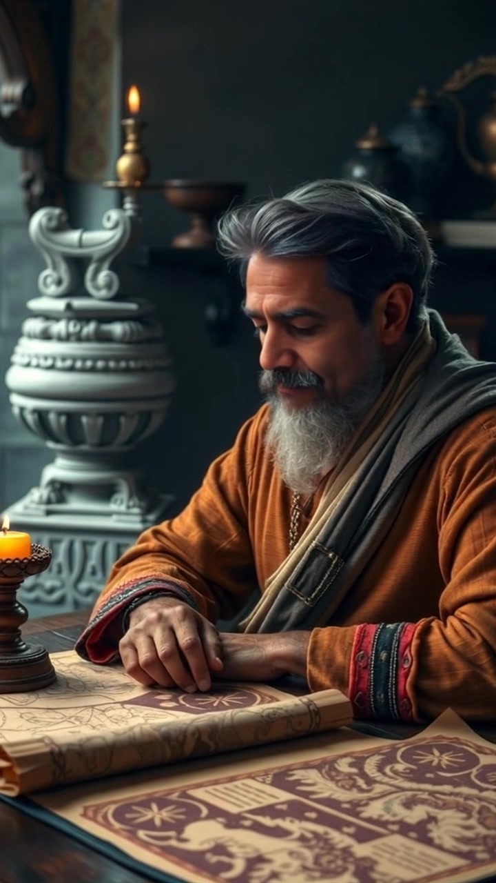 Subject: A thoughtful individual sitting at a wooden table covered with scrolls and maps. Subject movement: The individual leans forward, furrowing their brow in concentration as they explore the details on the table. Scene: A cozy, rustic study filled with the warmth of ambient light, accentuating the textures of the wood and the intricate patterns of the maps. Motion: The camera performs a gentle dolly in, focusing closely on the expressions of contemplation, with soft lighting casting subtle shadows across the scene.