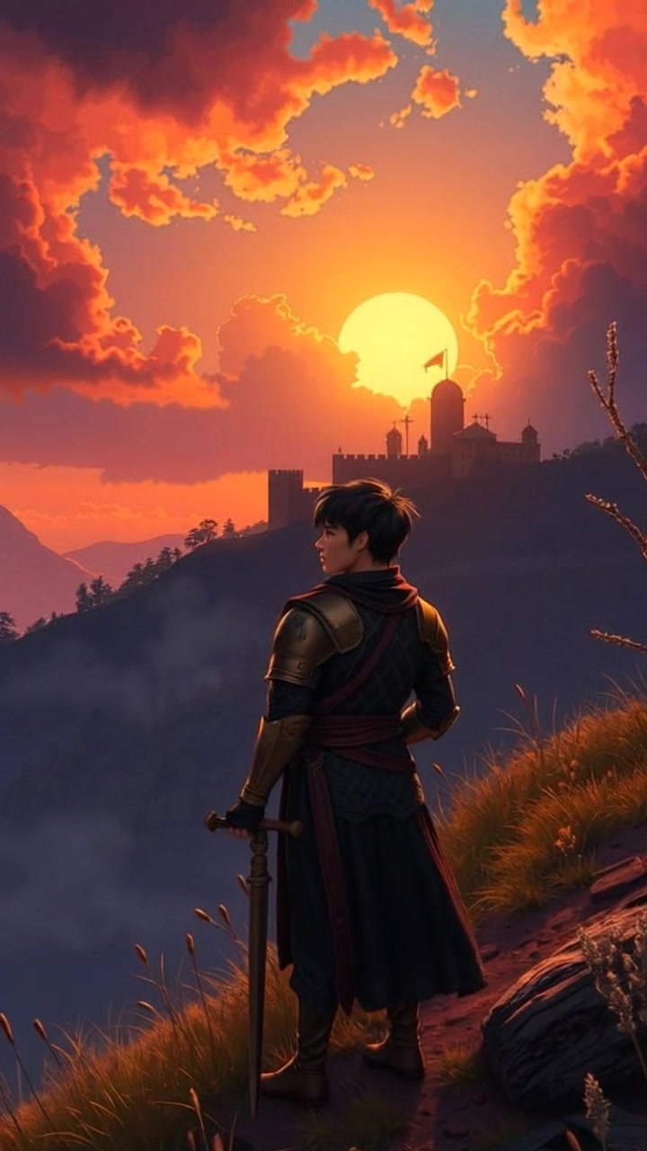 Subject: A thoughtful figure standing alone on a hill. Subject movement: The figure slowly turns to gaze thoughtfully into the distance. Scene: A serene hilltop at sunset, the sky ablaze with orange and purple hues. Lighting: Warm sunset light bathing the landscape, creating a tranquil atmosphere. Motion: The camera pushes in gently from a distance, capturing the figure's contemplative stance against the vibrant sky.
