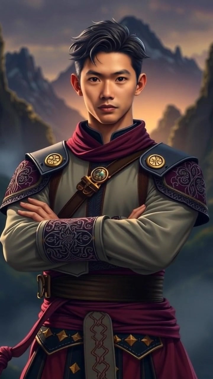 Subject: A determined man standing with arms crossed against a backdrop of majestic mountains. Subject movement: He remains still, exuding confidence as a gentle breeze rustles through the grass at his feet. Scene: The rugged mountain range looms in the background, bathed in the warm glow of the morning light. Motion: The camera performs a slow, dramatic push in on the subject, capturing his expression and the grandeur of the scenery behind him, enhancing the atmosphere of resolve and strength.