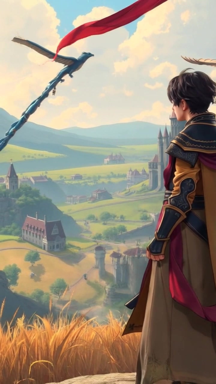 Subject: Ken standing proudly atop a hill. Subject movement: He gazes out over his kingdom with a determined posture. Scene: A panoramic view of a sprawling kingdom beneath a bright sky, with distant mountains framing the horizon. Style: Warm, afternoon light casting soft shadows over the landscape. Motion: The camera begins with a close-up on Ken's resolved expression, then slowly pulls back to reveal the breathtaking expanse of the kingdom he's surveying.