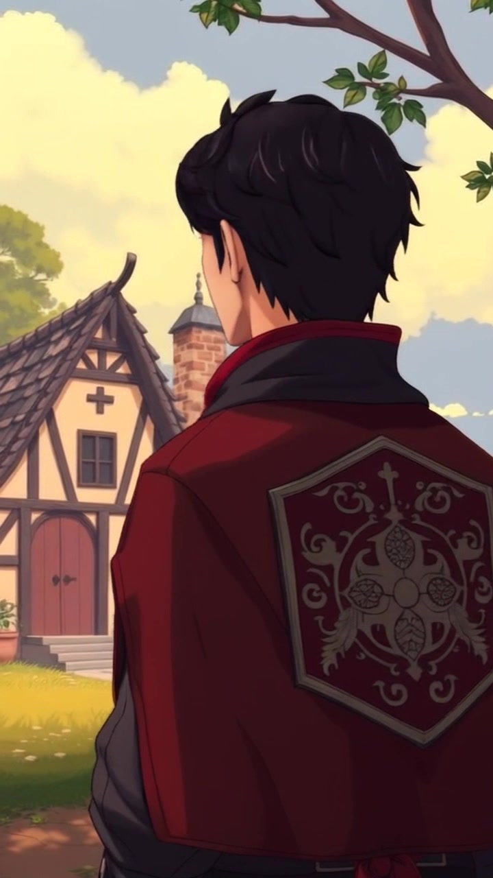 Subject: A person standing in front of a modest home, contemplating the view of the village ahead. Subject movement: The person turns slightly to their left, gazing thoughtfully at the scenery. Scene: A quaint village setting with lush greenery and a peaceful atmosphere. Style: Soft, natural lighting casting gentle shadows and emphasizing the serenity of the moment. Motion: The camera slowly pushes in, capturing a closeup of the person's pensive expression while maintaining the village backdrop.