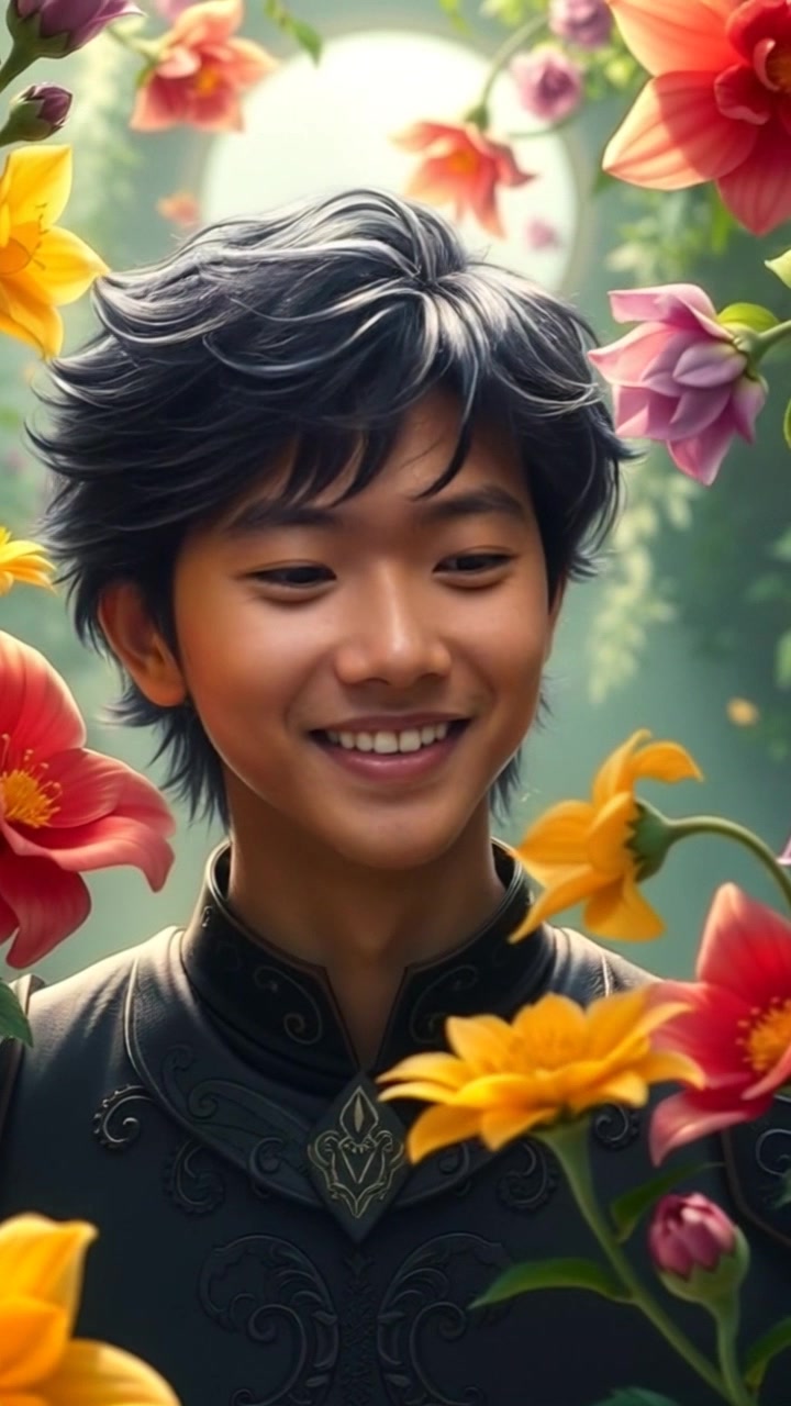 Subject: Ken smiling joyfully in a vibrant garden. Subject movement: Ken leans forward slightly, engaging with the breathtaking flora around him. Scene: A magical garden filled with colorful flowers and lush greenery. Style: Ambient lighting with soft, natural hues enhancing the garden's enchanting atmosphere. Motion: The camera gently pushes in towards Ken, capturing his delighted expression while panning to reveal the surrounding flowers swaying lightly in a warm breeze.