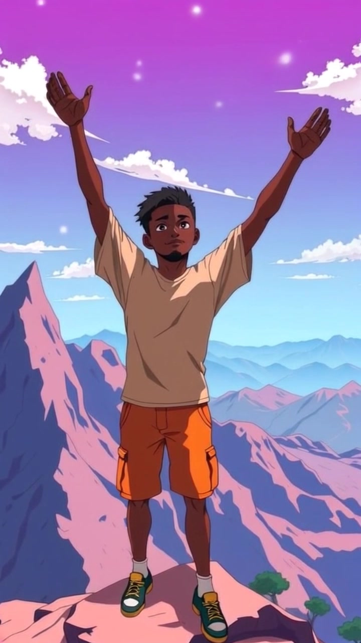 Subject: Isaiah standing triumphantly at a mountain summit with his arms raised in celebration. Subject movement: He gazes out over the breathtaking landscape, shifting his weight slightly in exhilaration. Scene: Majestic mountain summit with sweeping views of valleys and peaks under a clear blue sky. Lighting: Bright, midday light illuminating the scene, creating a vibrant atmosphere. Motion: The camera performs a dramatic dolly-in, emphasizing Isaiah's joyous stance against the grandeur of nature behind him.