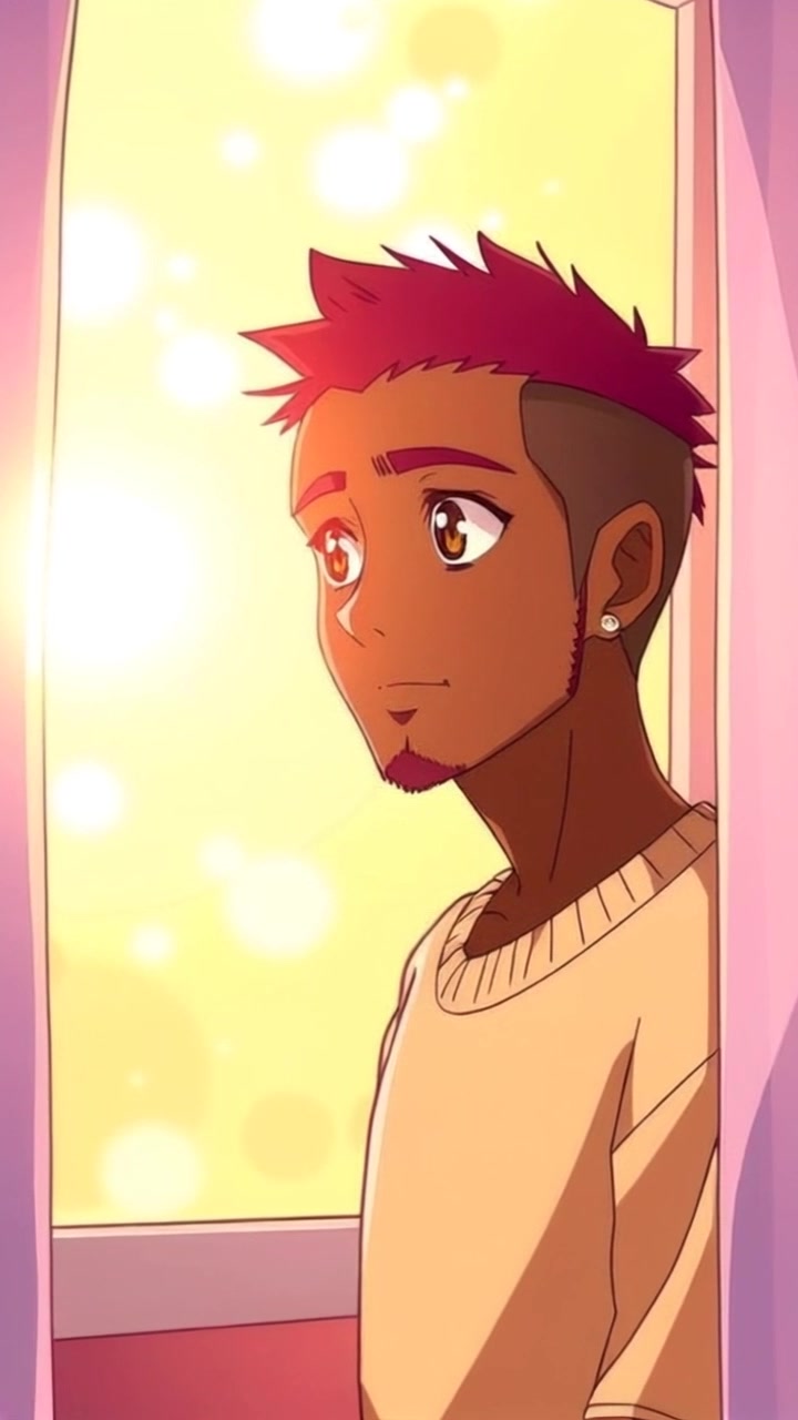 Subject: Isaiah gazing thoughtfully out of a window. Subject movement: He stays still, lost in contemplation as sunlight gently streams in, illuminating his features. Scene: A cozy room with soft furnishings, creating an inviting atmosphere. Style: Warm morning light flooding the space, casting soft shadows and enhancing the tranquil mood. Motion: The camera slowly pushes in towards Isaiah's profile, capturing the serenity of the moment.
