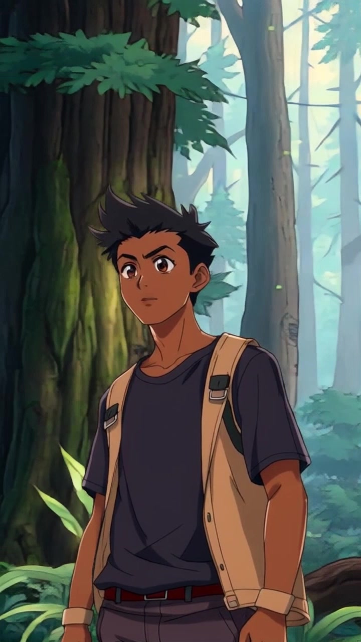 Subject: A figure walking into a dense forest. Subject movement: The figure walks with determination through the underbrush, stepping confidently among the tall trees. Scene: A lush, green forest filled with towering trees and dense foliage. Style: Soft, dappled light filtering through the leaves, creating a serene atmosphere. Motion: The camera follows closely behind, smoothly tracking the figure's movement as they navigate the winding path, showcasing the enchanting beauty of the forest surroundings.