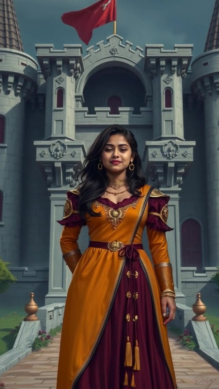 Subject: Priya standing tall in front of her castle, exuding a hopeful expression. Subject movement: She takes a deep breath, her posture radiating confidence as the camera slowly zooms in to capture the warmth of her smile. Scene: Majestic castle with stone turrets set against a clear blue sky, with lush greenery surrounding the base. Style: Bright morning light illuminating the scene, creating an inviting atmosphere. Motion: The camera gently pushes in towards Priya, allowing the grandeur of the castle to fade into the background and enhancing the focus on her hopeful demeanor.