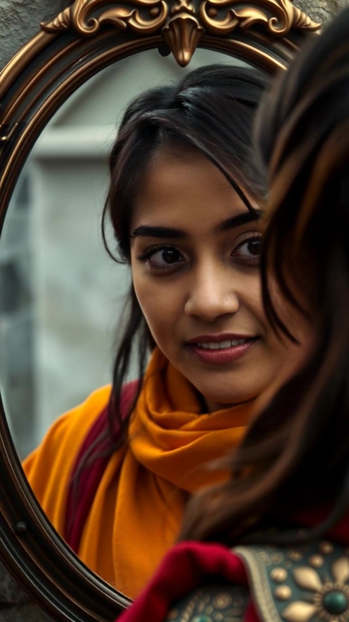 Scene: Close-up of a mirror reflecting a woman's smile contrasted by her serious expression. Style: Soft, ambient lighting emphasizes the delicate features and textures in the reflection. Motion: The camera slowly zooms in on her reflection, capturing the duality of her emotions, while a gentle dolly movement creates an intimate atmosphere.