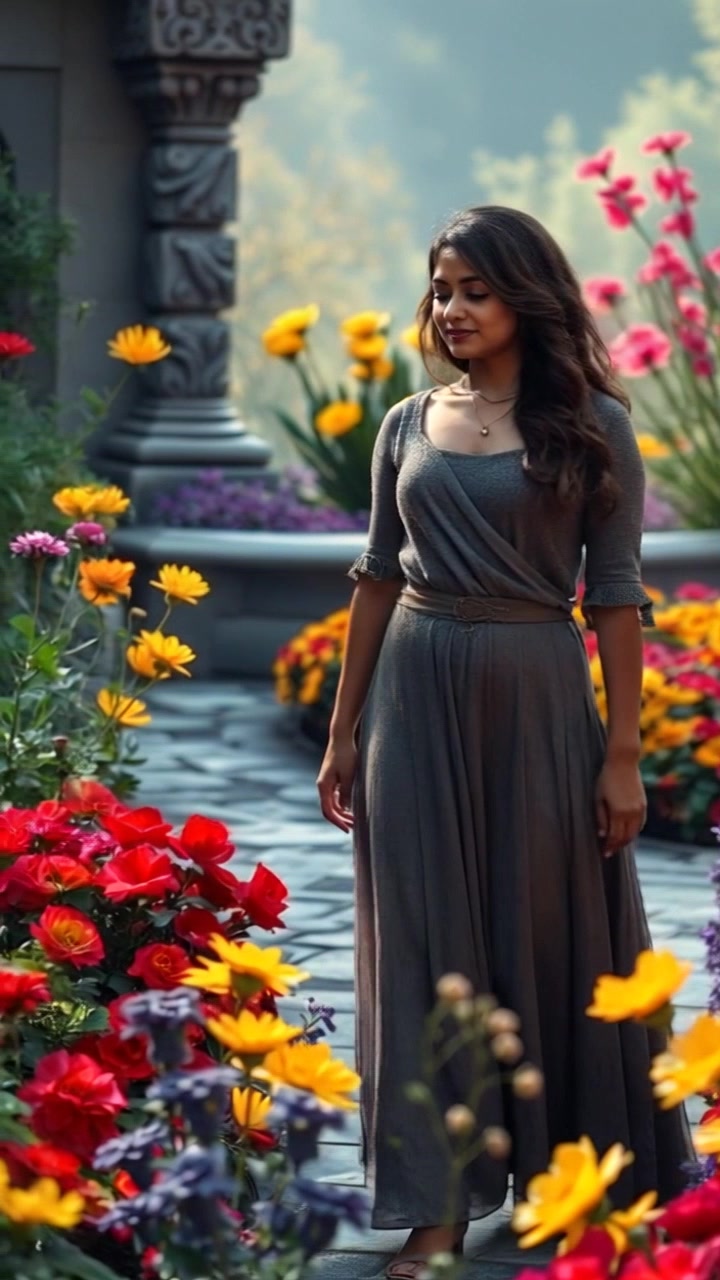 Subject: Priya walking gracefully through a beautiful garden filled with vibrant, colorful flowers swaying gently in the breeze. Scene: A lush garden with diverse blooms in full color, surrounded by a backdrop of green foliage. Lighting: Soft, golden-hour light illuminating the flowers, creating a warm and inviting atmosphere. Motion: The camera follows Priya with a smooth tracking shot, weaving through the flowers as she strolls, capturing the essence of the garden along her path.