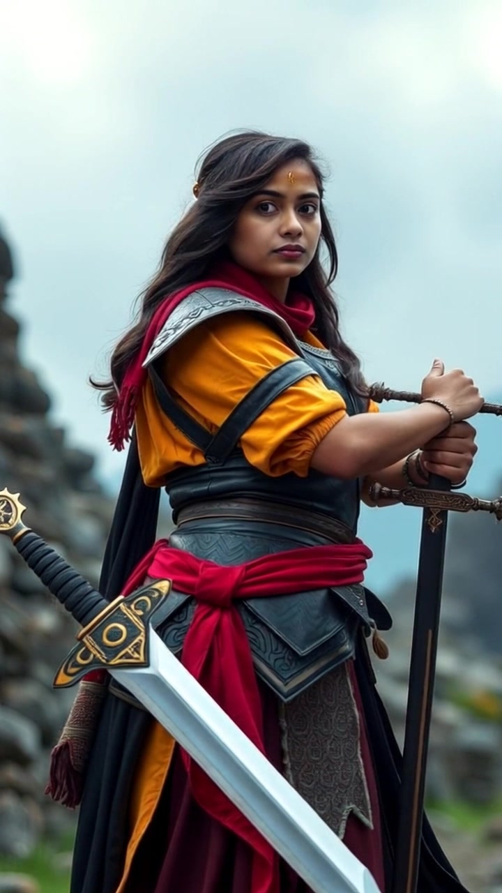 Subject: Priya standing tall in a warrior's stance, gripping her sword tightly with determination. Subject movement: She shifts her weight slightly, ready to spring into action. Scene: A dramatic battlefield with dark, ominous skies and scattered debris, creating a tension-filled atmosphere. Style: Moody light with contrasts highlighting her fierce expression and the gleaming sword. Motion: The camera gradually pushes in toward Priya, capturing the intensity in her eyes while the environment swirls with the chaos of battle around her.