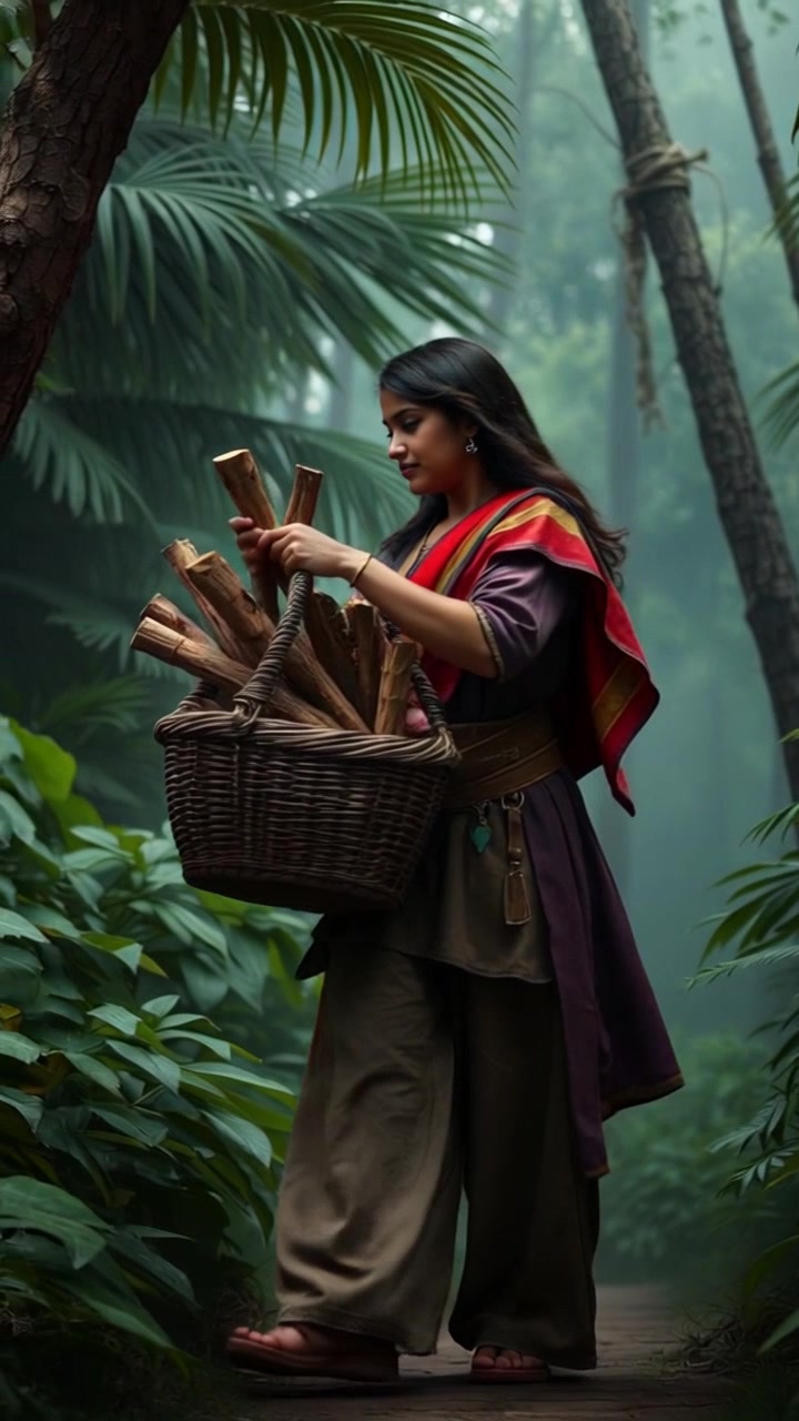 Subject: Priya walking through a dense jungle. Subject movement: She strides confidently, gathering firewood with a basket in her arms. Scene: Lush, vibrant jungle filled with towering trees and thick underbrush, dappled sunlight filtering through the leaves. Style: Warm, dappled lighting creates an inviting and lively atmosphere. Motion: The camera tracks alongside Priya, moving fluidly as she navigates the dense foliage, capturing the vibrant nature surrounding her.