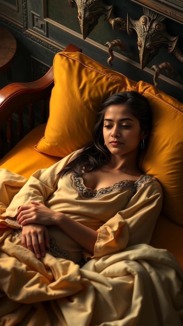 Scene: A cozy bedroom with Priya relaxing in bed, surrounded by soft pillows and a warm blanket. Style: Ambient morning light filtering through sheer curtains, creating a serene and inviting atmosphere. Motion: The camera gently pushes in closer, capturing a tranquil close-up of her serene expression as she gradually shifts and nestles deeper into the comfort of the bedding.