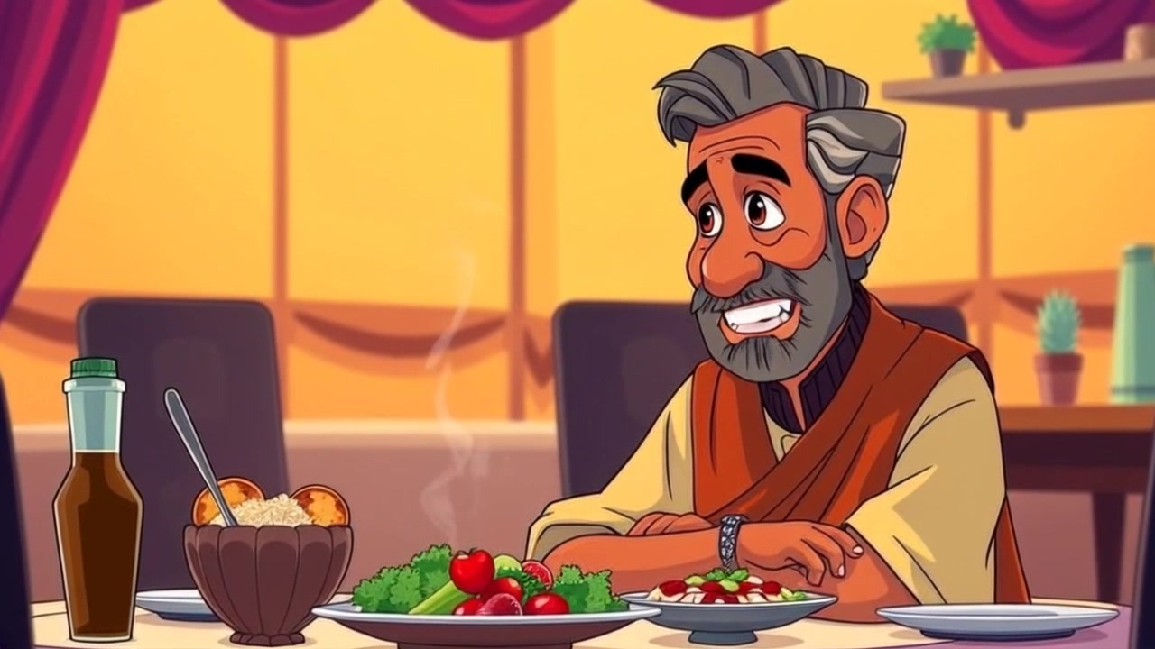 Subject: Raj at the dining table, nodding appreciatively at the delicious meal in front of him. Subject movement: Raj leans forward slightly, a smile on his face, as he raises his fork to take a bite. Scene: Cozy dining room with warm, inviting decor, the table elegantly set with plates and cutlery. Lighting: Soft, ambient light creating a welcoming atmosphere. Motion: Camera slowly pushes in, framing Raj's expression and the beautifully presented meal on the table.