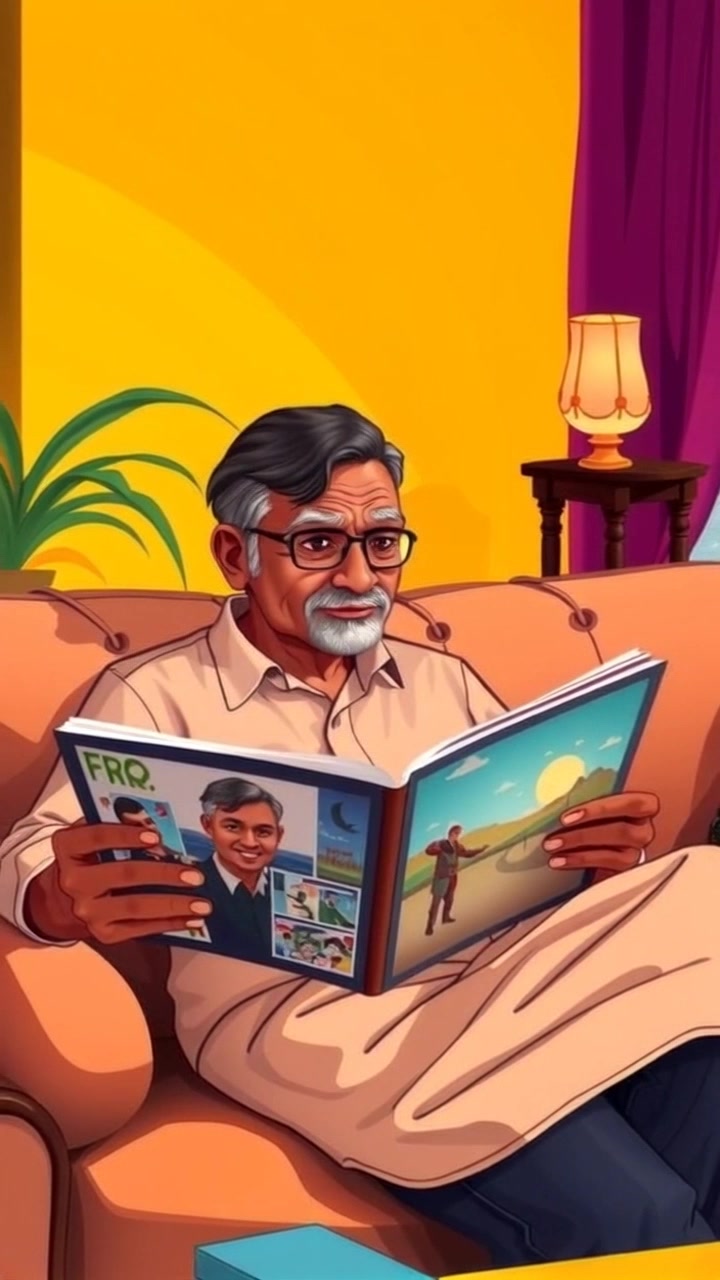 Subject: A person flipping through a photo album. Subject movement: The individual gently turns the pages of the album, their fingers lightly brushing over the photographs. Scene: Cozy living room, with soft lighting and a warm, inviting atmosphere, filled with comfortable furniture and personal touches. Motion: The camera starts with a close-up on the album, and then slowly pulls back to reveal the relaxing surroundings, creating a sense of intimacy and nostalgia.