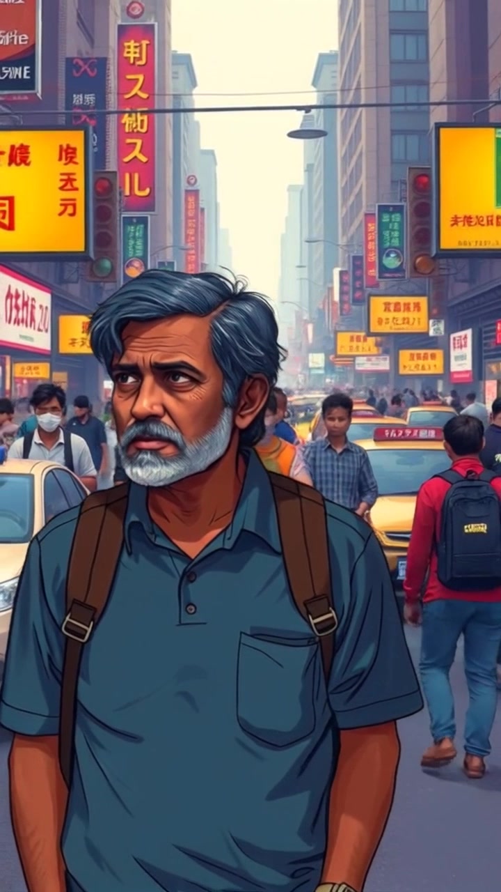 Subject: Raj walking thoughtfully through a bustling city street. Scene: A vibrant urban landscape filled with diverse people, vehicles maneuvering through traffic, and ambient city sounds all around. Style: Bright daylight illuminating the scene, creating a lively and energetic atmosphere. Motion: The camera tracks in smoothly, following Raj as he navigates through the crowd, seamlessly capturing the dynamic essence of city life.