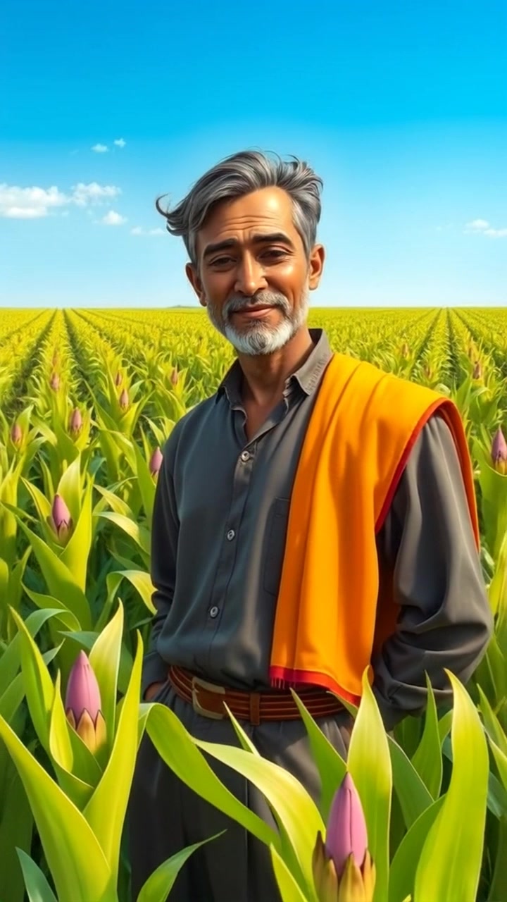 Subject: Raj standing confidently in a lush green field of crops. Subject movement: He surveys the area, gently swaying side to side in the warm breeze. Scene: Vibrant green crops stretch as far as the eye can see beneath a bright blue sky with scattered clouds. Style: Morning light illuminating the field with a golden hue, creating a warm and inviting atmosphere. Motion: Camera slowly pushes in from a wide shot to a medium shot, capturing Raj's thoughtful expression as he connects with his surroundings.