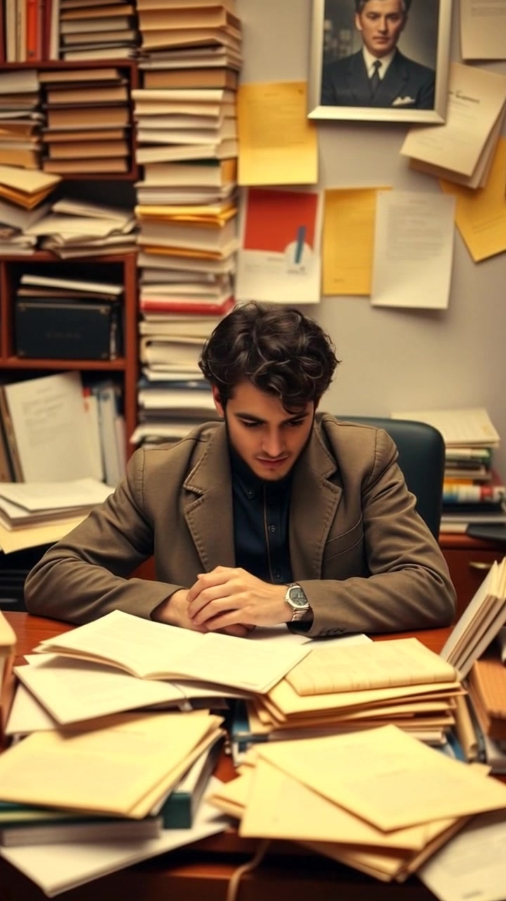 Subject: A student, visibly frustrated, sits at a cluttered desk filled with papers and books, furrowing his brow as he tries to focus on his studies. Scene: A disorganized study environment, scattered notes and textbooks paint a vivid picture of academic stress. Motion: Camera slowly pushes in towards the student's face, capturing the intensity of his concentration and frustration. Lighting: Warm ambient light highlights the chaos around him, creating an inviting yet tense atmosphere.