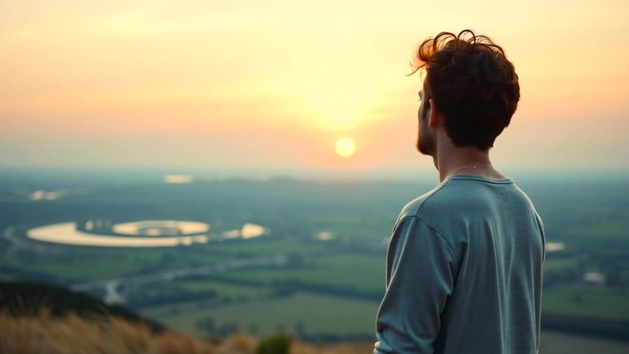 Subject: A young man standing on a hilltop, gazing contemplatively at a vibrant sunset. Subject movement: He turns slightly, taking in the panoramic view, his silhouette framed against the colorful sky. Scene: A serene hilltop with rolling landscapes beneath a stunning sunset, rich with hues of orange, pink, and purple. Motion: Camera slowly pushes in, capturing the young man's profile as he reflects, the sky illuminating the scene with warm, inviting light.