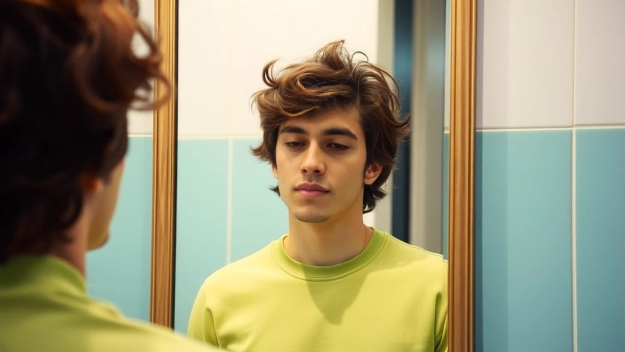 Subject: Mateo standing confidently in front of a mirror with a calm expression. Scene: A bright, modern bathroom with sleek tiles and soft natural light streaming through a window, reflecting off the polished surfaces. Motion: Camera slowly pushes in on Mateo's contemplative expression in the mirror, capturing the peaceful atmosphere filled with the warm glow of morning light.