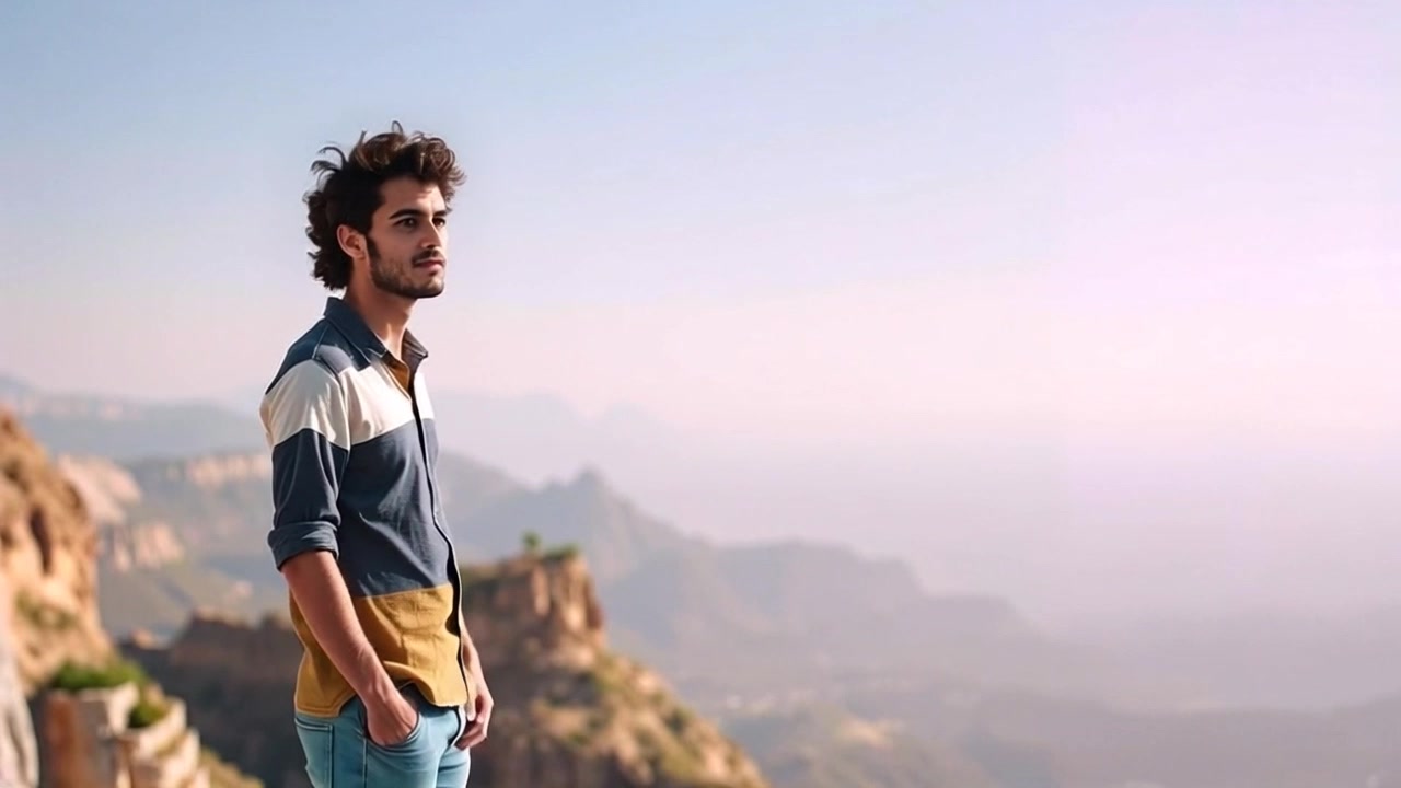 Subject: A person standing confidently on a cliff edge. Scene: A breathtaking view of a vast landscape stretching out beneath a clear blue sky, with rugged cliffs and rolling hills in the distance. Lighting: Bright sunlight illuminating the scene, creating dynamic shadows. Motion: The camera begins with a close-up of the person's determined expression and then pulls back dramatically, revealing the grandeur of the cliffs and the expansive panorama beyond.
