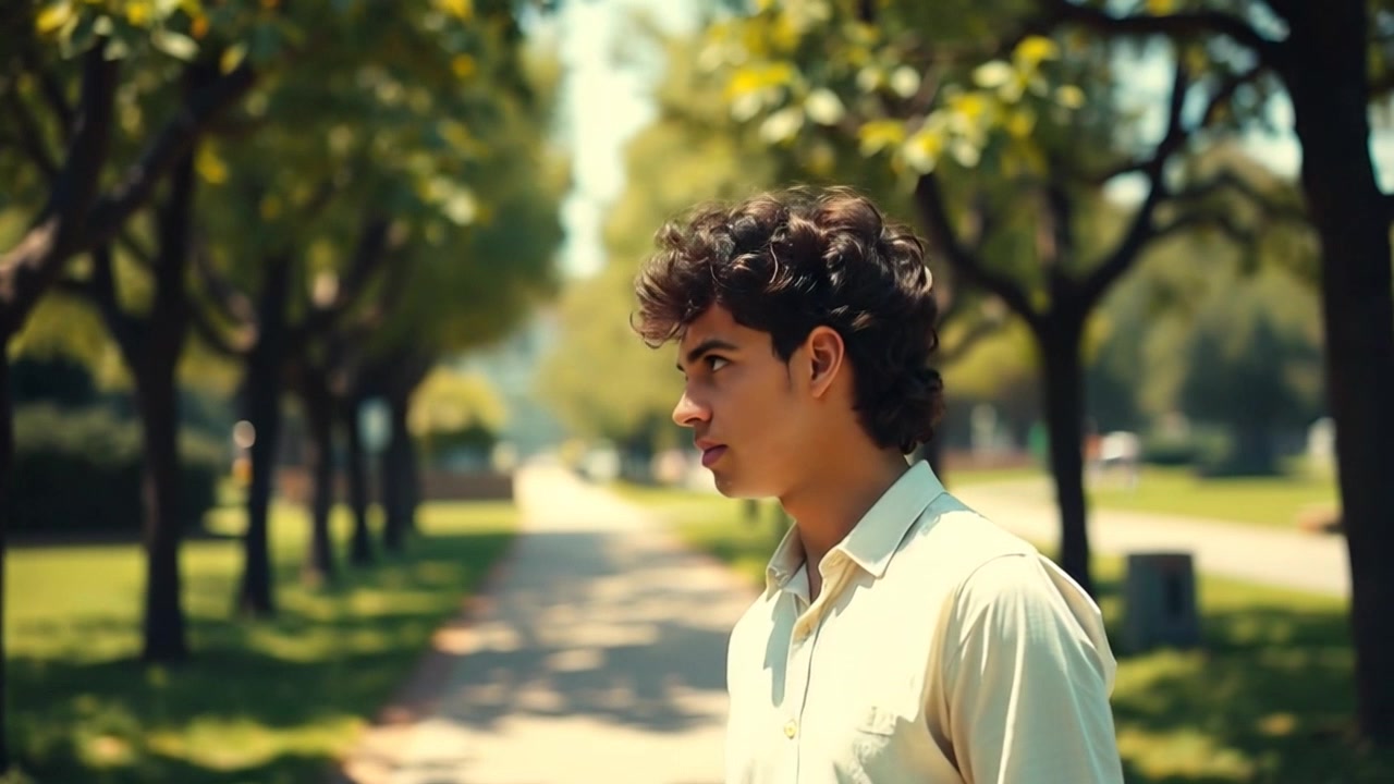Subject: A person walking. Subject movement: Mateo walks slowly through a sunlit park, looking contemplative as he strolls along the tree-lined path. Scene: A serene park setting with sunlight filtering through lush trees, casting dappled shadows on the ground. Style: Warm, golden hour lighting enveloping the scene in a soft glow. Motion: The camera gently follows Mateo from a low angle, creating a sense of intimacy as he walks, with occasional panning to capture the beauty of the surrounding nature.