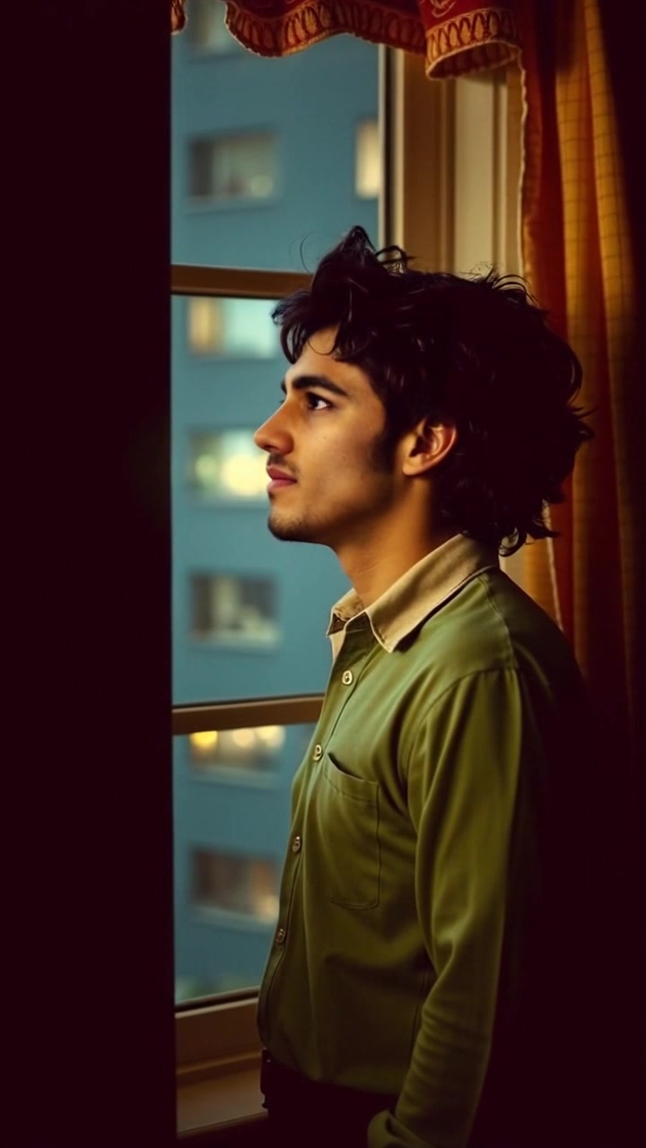 Subject: Mateo standing alone in a dimly lit room. Subject movement: He turns slightly, gazing out of the window with a longing expression. Scene: A small, intimate room with soft shadows and minimal furniture, highlighted by the faint glow of external light filtering through the window. Style: Dim, moody lighting that creates a reflective atmosphere. Motion: The camera slowly pushes in to capture Mateo's profile, accentuating the depth of his expression as the light subtly shifts, emphasizing the longing in his gaze.