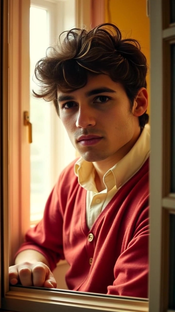 Subject: Mateo gazing intently out of his bedroom window, showcasing a determined expression. Subject movement: He stands still, with a slight shift in his posture as he focuses on the view outside. Scene: Inside a cozy bedroom filled with warm, inviting colors, the window frame revealing a blurred outdoor landscape. Style: Morning light filters through the window, casting soft shadows that enhance the sense of focus on Mateo's face. Motion: Camera slowly pushes in, capturing Mateo's expression more closely, the background gradually fading, emphasizing his determination.