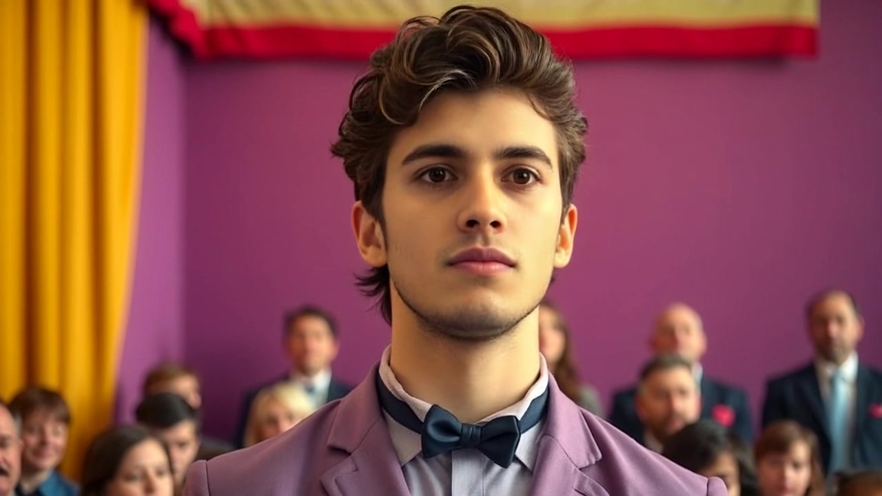Subject: Mateo standing boldly in front of the crowd with a determined expression as he prepares to speak. Subject movement: He raises his hand slightly, ready to engage the audience. Scene: A packed auditorium filled with eager listeners, vibrant banners in the background. Style: Bright stage lighting illuminating Mateo, creating a focus on his figure against the darker crowd. Motion: Camera slowly pushes in towards Mateo, capturing his confident stance and the anticipation in the audience.