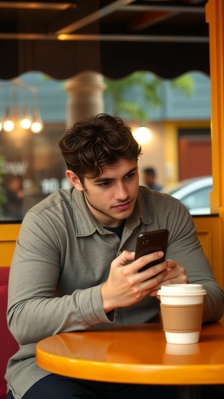 Subject: A person sitting at a cafe table. Subject movement: The person is gazing contemplatively at their phone, occasionally taking sips from a coffee cup beside them. Scene: An inviting outdoor cafe setting with soft background chatter and plants lining the patio. Style: Morning light casting soft shadows, creating a warm and cozy atmosphere. Motion: The camera gently pushes in towards the subject, capturing their thoughtful expression and the warm ambiance of the cafe.