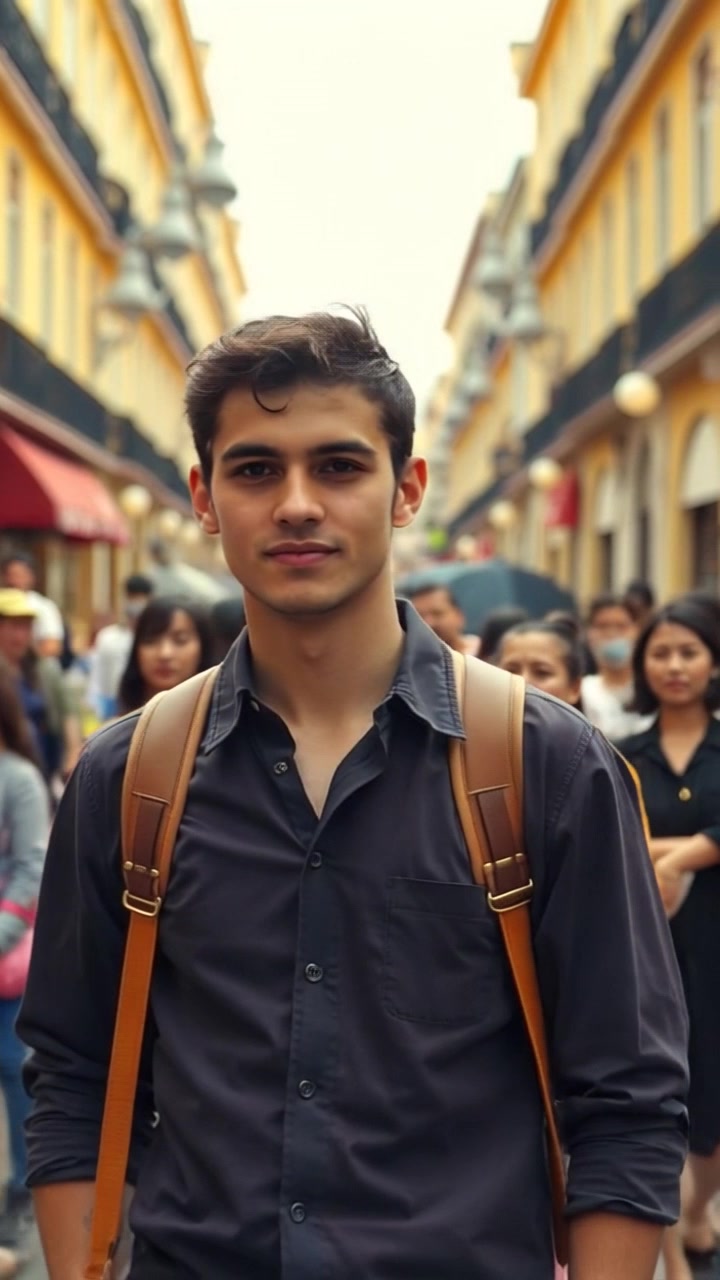 Subject: A person walking confidently through a bustling street. Subject movement: The individual strides purposefully, weaving through the throng of pedestrians. Scene: A vibrant urban street filled with diverse people, storefronts, and city life, characterized by a lively atmosphere. Style: Bright, natural lighting creating a lively daytime ambiance. Motion: Camera follows the individual with a smooth tracking shot, capturing the energy of the crowd while maintaining focus on their confident movement.