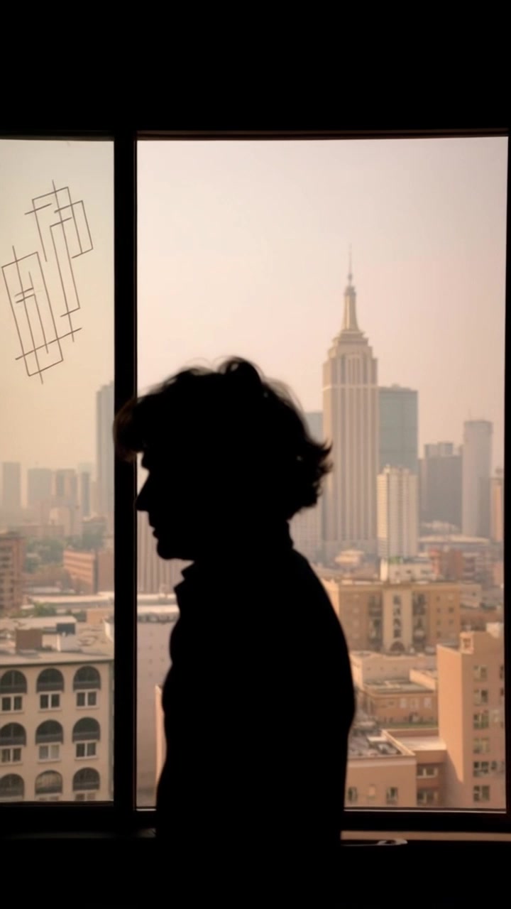 Subject: A person standing in front of a large window. Subject movement: The person gazes out thoughtfully at the city skyline. Scene: An urban high-rise interior with a panoramic view of the bustling city below. Style: Warm, soft morning light illuminating the scene, creating an inviting and hopeful atmosphere. Motion: Camera slowly zooms in on the person’s contemplative expression, capturing the vibrant city life sprawling beyond the glass.