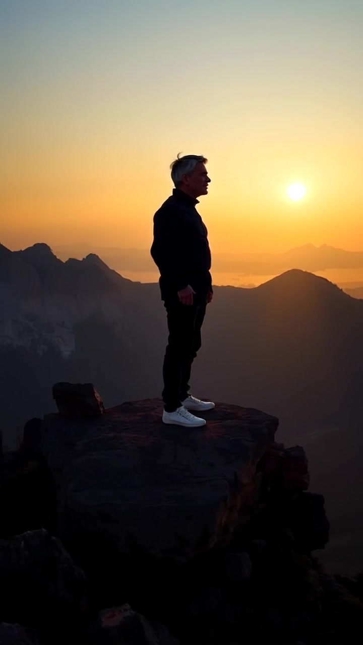 Subject: A figure standing proudly on a rocky hilltop. Scene: Expansive landscape with majestic mountains visible in the background, conveying a sense of freedom and adventure. Motion: Camera pans gently around the figure, capturing the breathtaking view while maintaining focus on the proud stance atop the hill. Lighting: Soft, golden-hour light bathing the scene in warmth. Atmosphere: Inspirational and uplifting.
