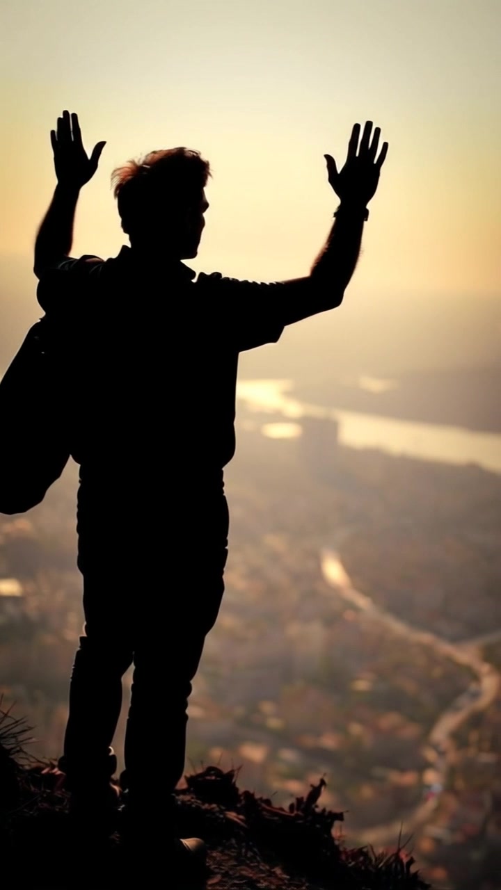 Subject: A person standing on a hill overlooking the city. Subject movement: The person raises their arms in a warning gesture, embodying urgency. Scene: A breathtaking view from a hill, capturing the sprawling city beneath with vibrant buildings and streets. Style: Dramatic twilight lighting casting long shadows and highlighting the contrast between the figure and the urban landscape. Motion: Camera starts with a close-up on the figure's expression, then transitions to a wide shot that sweeps over the city, framing the dramatic scene and the person's actions.
