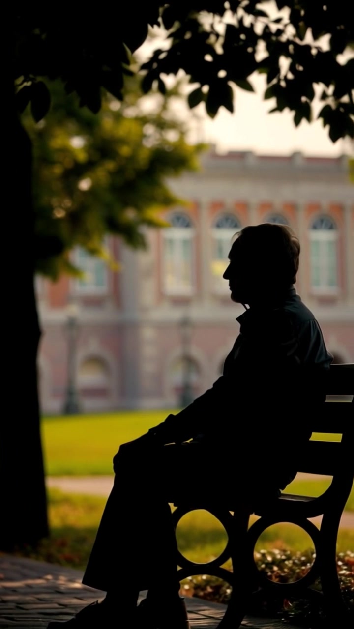 Subject: A weary person sitting on a park bench, looking tired and contemplative. Subject movement: The person shifts slightly, adjusting their posture as they gaze into the distance. Scene: A serene park setting, with lush green trees and soft grass in the background, capturing the essence of a peaceful afternoon. Style: Soft, diffused ambient light filtering through the leaves, creating gentle dappled shadows. Motion: The camera slowly pushes in closer, focusing on the person's expression, conveying a sense of introspection and tranquility.
