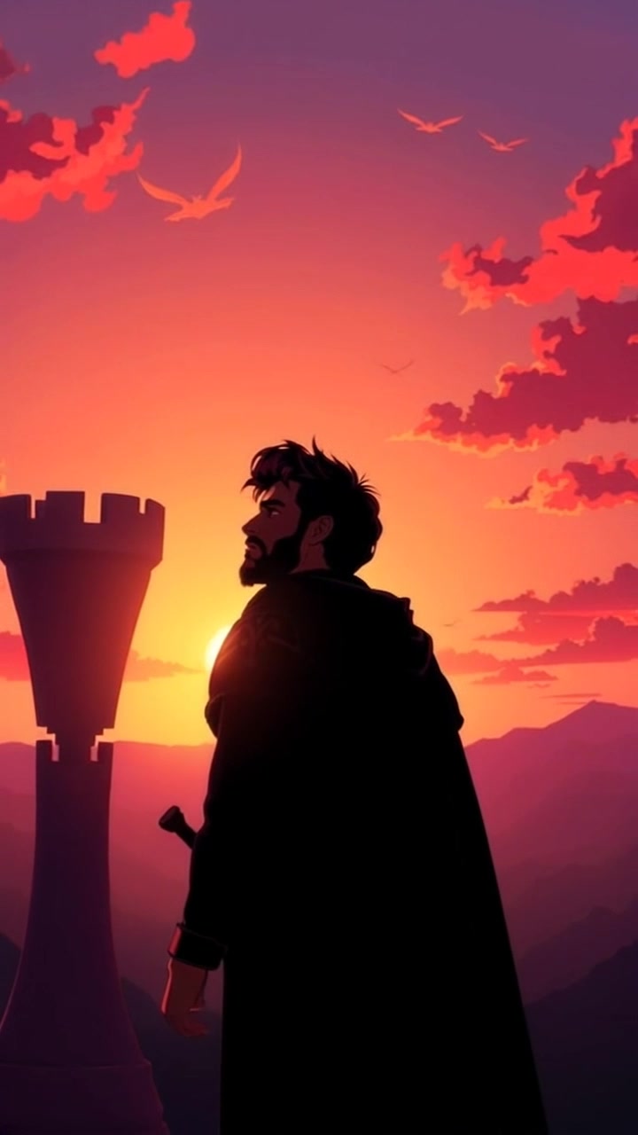 Scene: A silhouette of a person standing on a hill against a vibrant sunset, embodying hope and anticipation. Style: Warm, golden-hour lighting with vivid oranges and purples filling the sky. Motion: The camera slowly pushes in towards the silhouette, capturing the serene atmosphere as the sun dips lower, enveloping the scene in a tranquil glow.