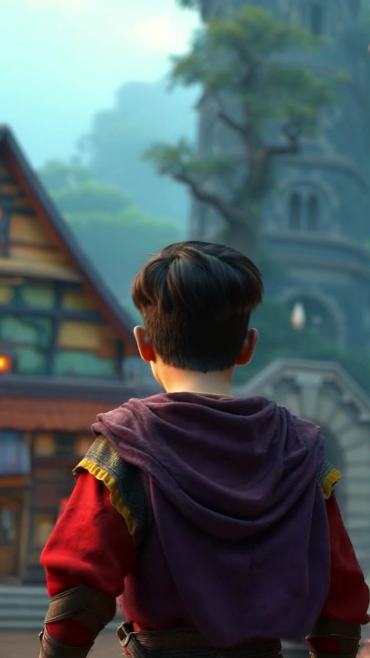 Subject: A young boy standing in a vibrant village, exhibiting curiosity as he gazes around. Scene: Charming village with colorful houses and greenery, set against a clear blue sky. Style: Bright, cheerful lighting typical of midday sun. Motion: Camera slowly pans around the boy, capturing his expressions as he explores the lively surroundings, emphasizing the warmth and friendliness of the village atmosphere.