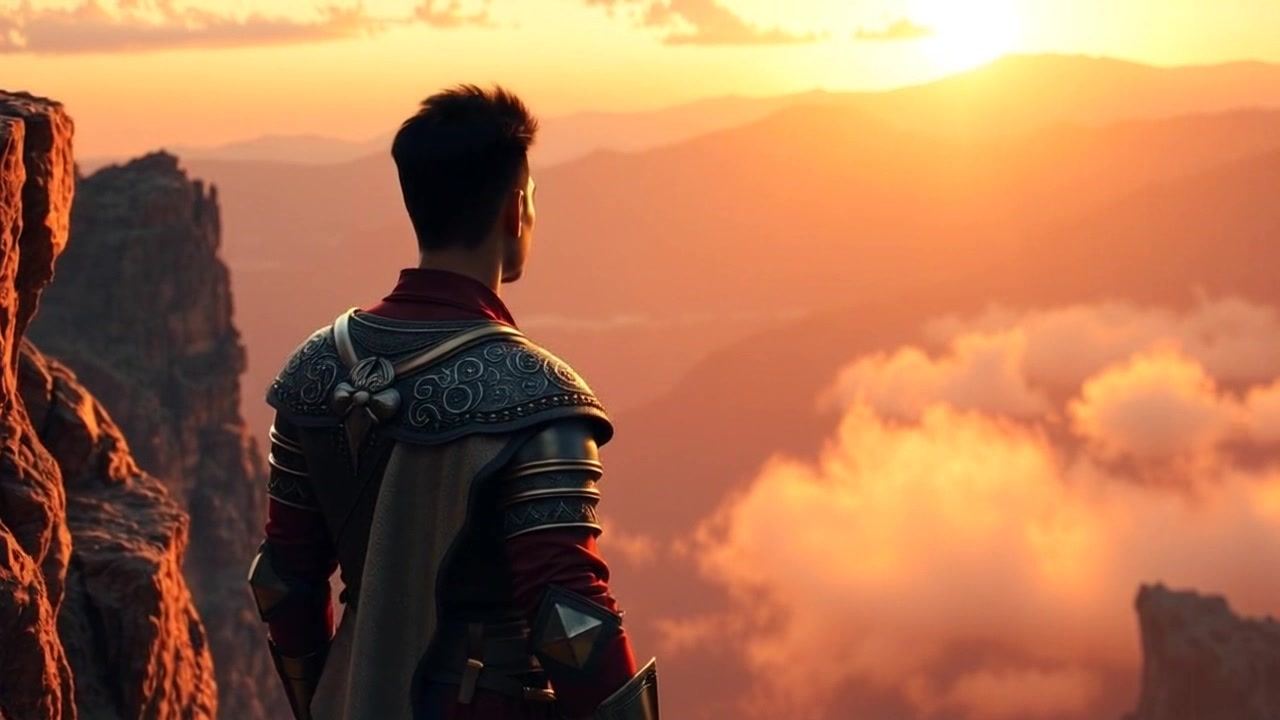 Scene: The Arjun stands at the edge of a cliff, gazing out at a stunning sunset illuminating the distant mountains. Style: Warm, golden light casts an enchanting glow on the rugged terrain, enhancing the silhouettes of the mountains. Motion: Camera slowly pushes in towards the Arjun, focusing on the interplay of shadows and light as the sun dips below the horizon, creating a serene and contemplative atmosphere.