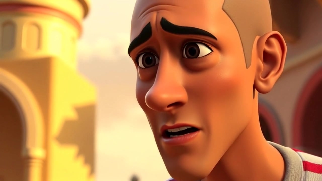 Subject: A person with a surprised expression. Subject movement: The subject recoils slightly, reacting to the stone that just struck him. Scene: Close-up of a surprised expression captured in an outdoor setting, with blurred background suggesting a lively environment. Style: Dramatic lighting emphasizing the subject's features, with an air of shock. Motion: Camera gently zooms in on the subject’s face as the moment unfolds, giving a sense of immediacy.