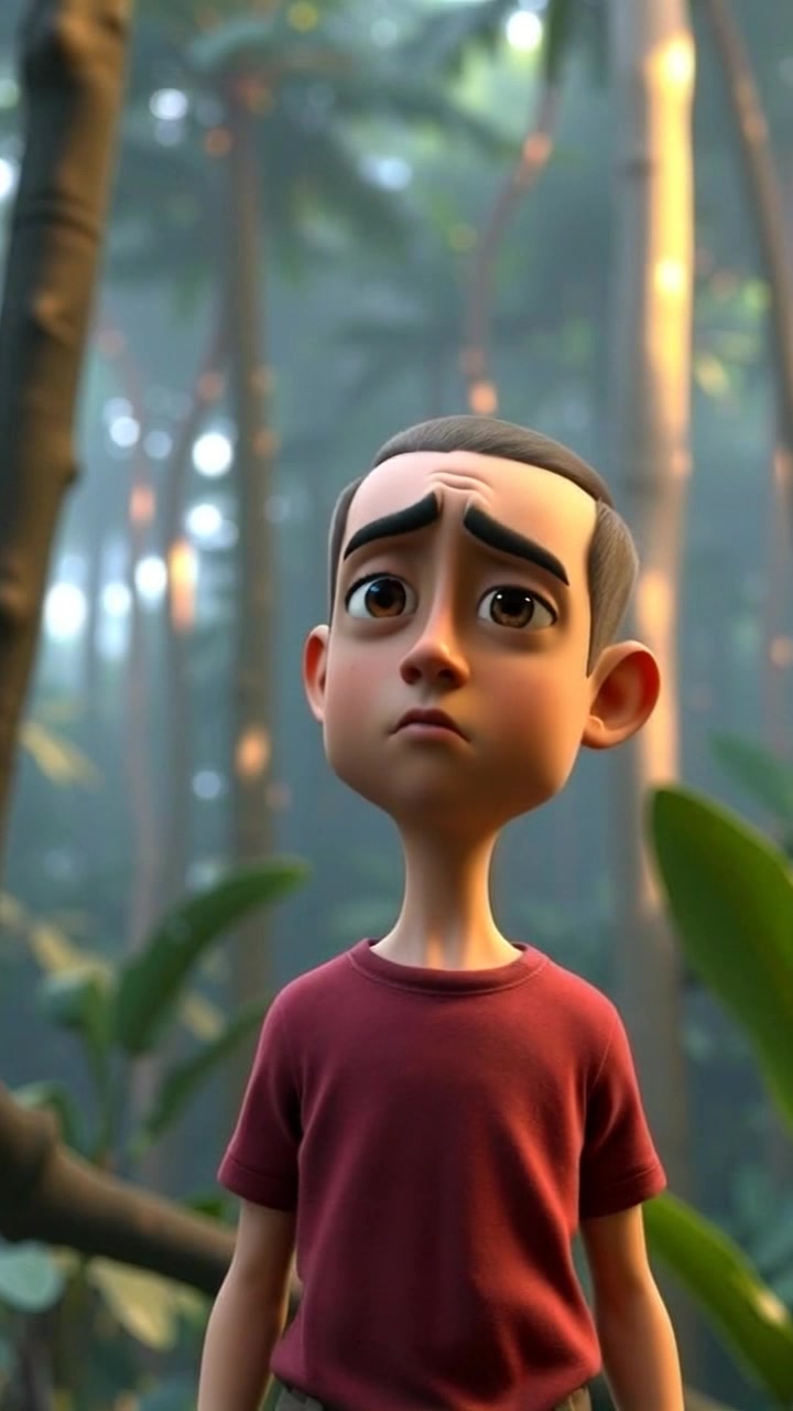 Subject: A person with a worried expression. Subject movement: The person stands still, surrounded by dense jungle foliage, scanning the environment anxiously. Scene: Isolated in a vibrant jungle teeming with tall trees and thick underbrush. Style: Dappled sunlight filters through the canopy, creating a contrasting play of light and shadow. Motion: The camera begins with a close-up of the worried expression, then slowly pulls back to reveal the overwhelming expanse of the jungle around them, enhancing the sense of isolation.