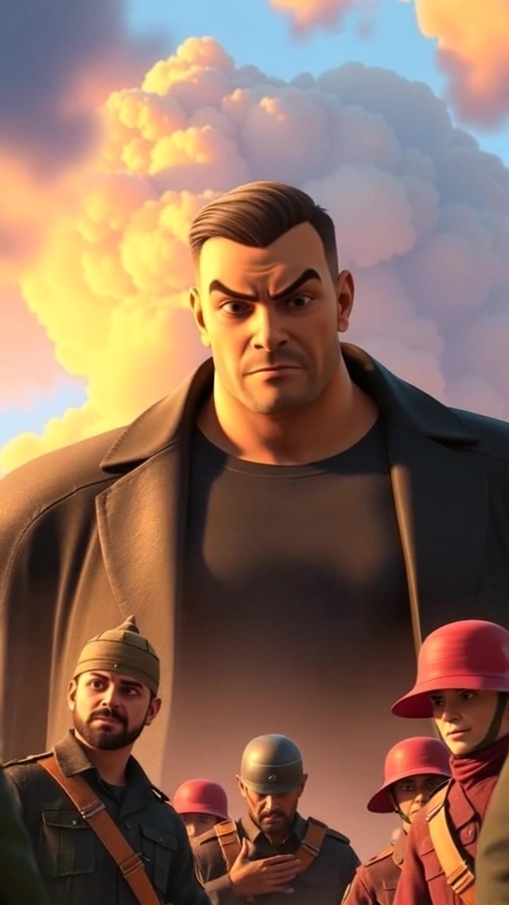 Subject: A towering figure looms menacingly over a group of soldiers standing at attention. Subject movement: The soldiers remain still, tense and alert, while the imposing figure breathes heavily, creating a palpable tension in the atmosphere. Scene: Dramatic battlefield setting with stormy clouds swirling menacingly overhead, casting shadows below. Style: Dark, ominous lighting enhances the foreboding mood. Motion: The camera begins with a low-angle shot of the towering figure, slowly tilting up to reveal the tumultuous sky, then seamlessly panning across the soldiers' anxious faces, capturing their unease.