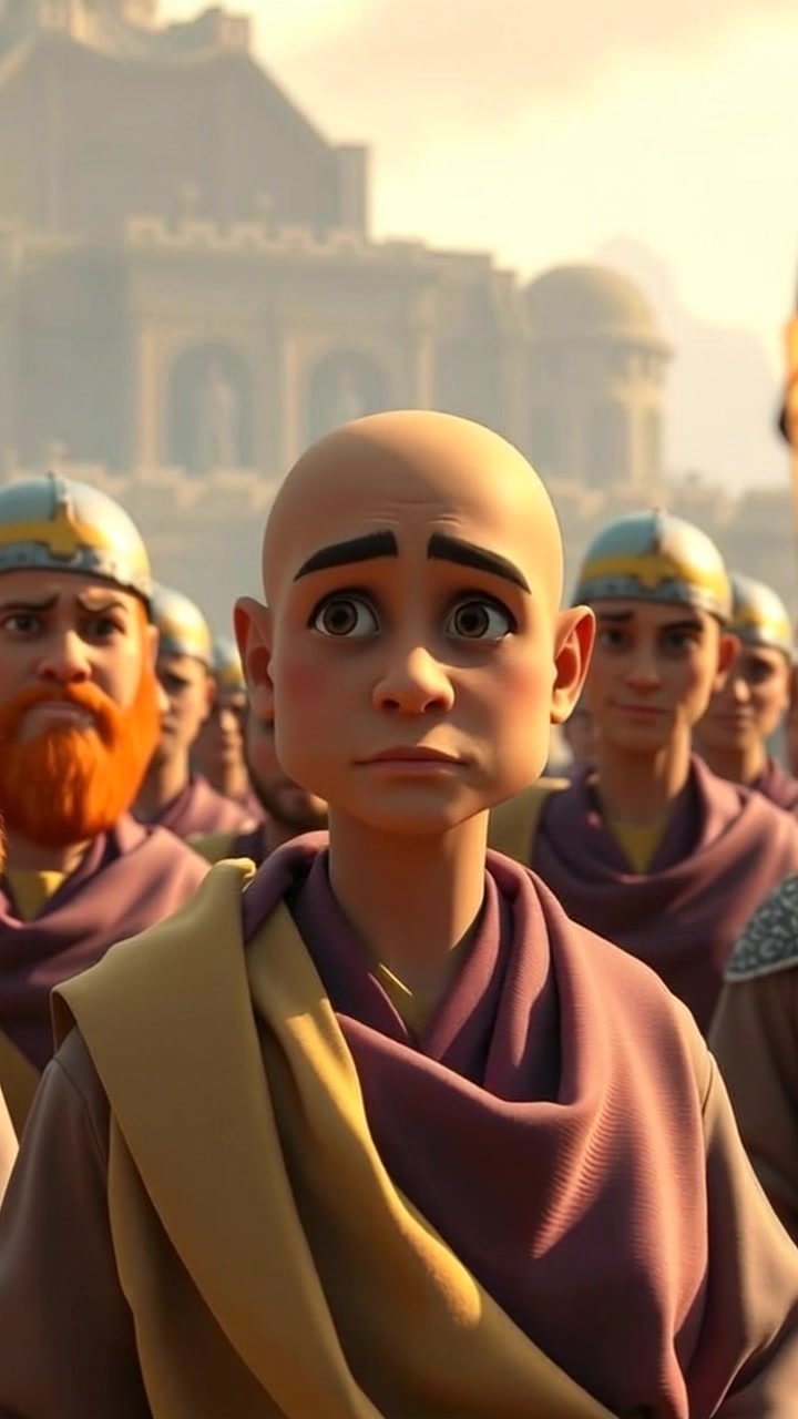 Scene: A wide battlefield setting filled with a nervous Israelite army, their eyes fixed on a central figure, Carlos, who stands confidently in front of them. Style: Dramatic lighting accentuates the tension in the air, with shadows emphasizing the seriousness of the moment. Motion: The camera performs a slow, dramatic push-in towards Carlos, capturing the intensity of the moment while the army remains still, their expressions reflecting uncertainty and anticipation.