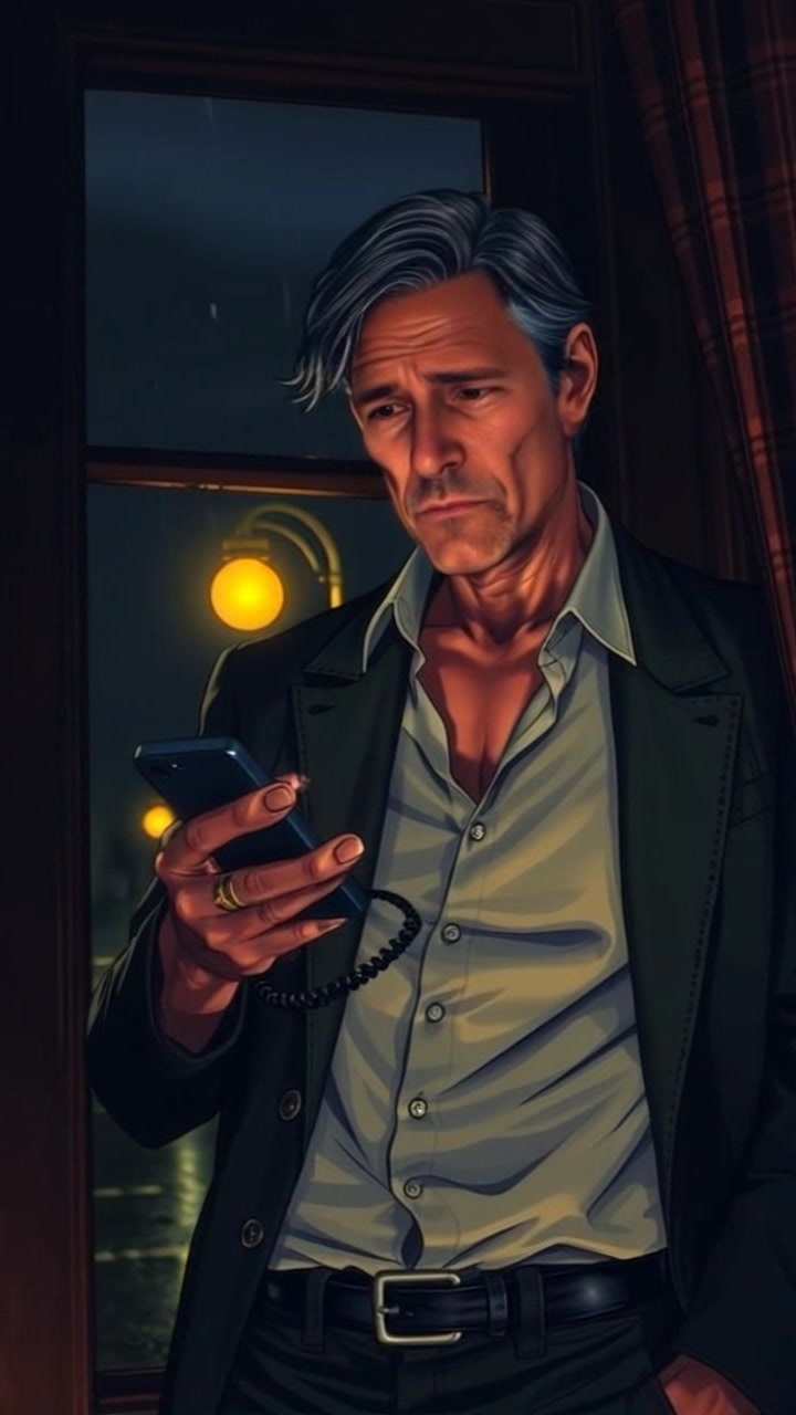 Subject: A person standing in a dimly lit room. Subject movement: The person shifts uneasily, glancing at the phone while processing their thoughts. Scene: A small, dimly lit room decorated with minimal furnishings. Style: Low-key lighting creates dramatic shadows, enhancing the sense of tension. Motion: The camera slowly approaches, capturing the concerned expression, while gently panning to reveal the surrounding details in the shadowy environment.