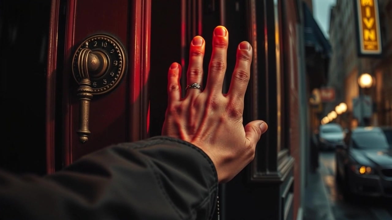 Scene: A close-up of a hand reaching for an ornate, mysterious door handle in a dimly lit corridor. Style: Ambient lighting with soft shadows, creating a sense of intrigue and suspense. Motion: The camera slowly pushes in towards the hand, capturing the delicate details of the fingers extending towards the handle, while atmospheric sounds of creaking wood heighten the tension.