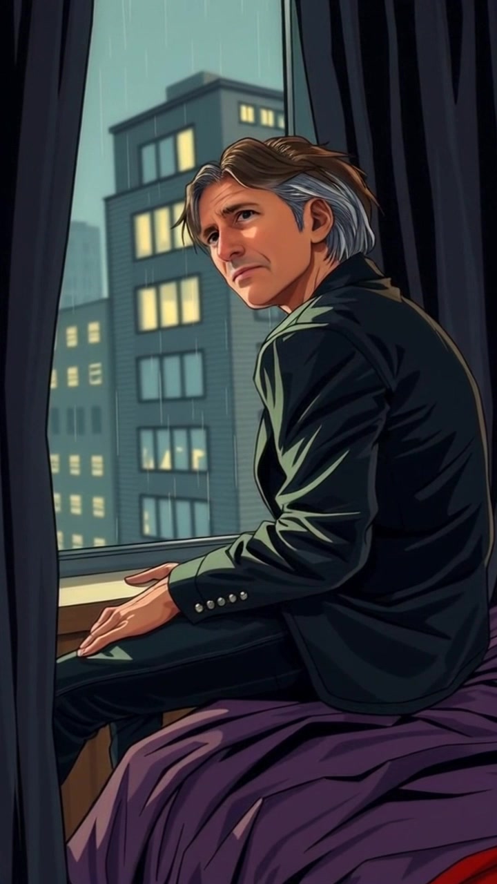 Subject: A person sitting on the edge of a bed, looking towards the window with a concerned expression. Subject movement: The person shifts slightly, glancing back and forth with a furrowed brow. Scene: A dimly lit bedroom, with soft curtains fluttering slightly in the breeze. Style: Morning light filtering through the window, creating a warm but uneasy atmosphere. Motion: Camera slowly pushes in from an angle, capturing the person's contemplative demeanor while maintaining focus on the light streaming into the room.