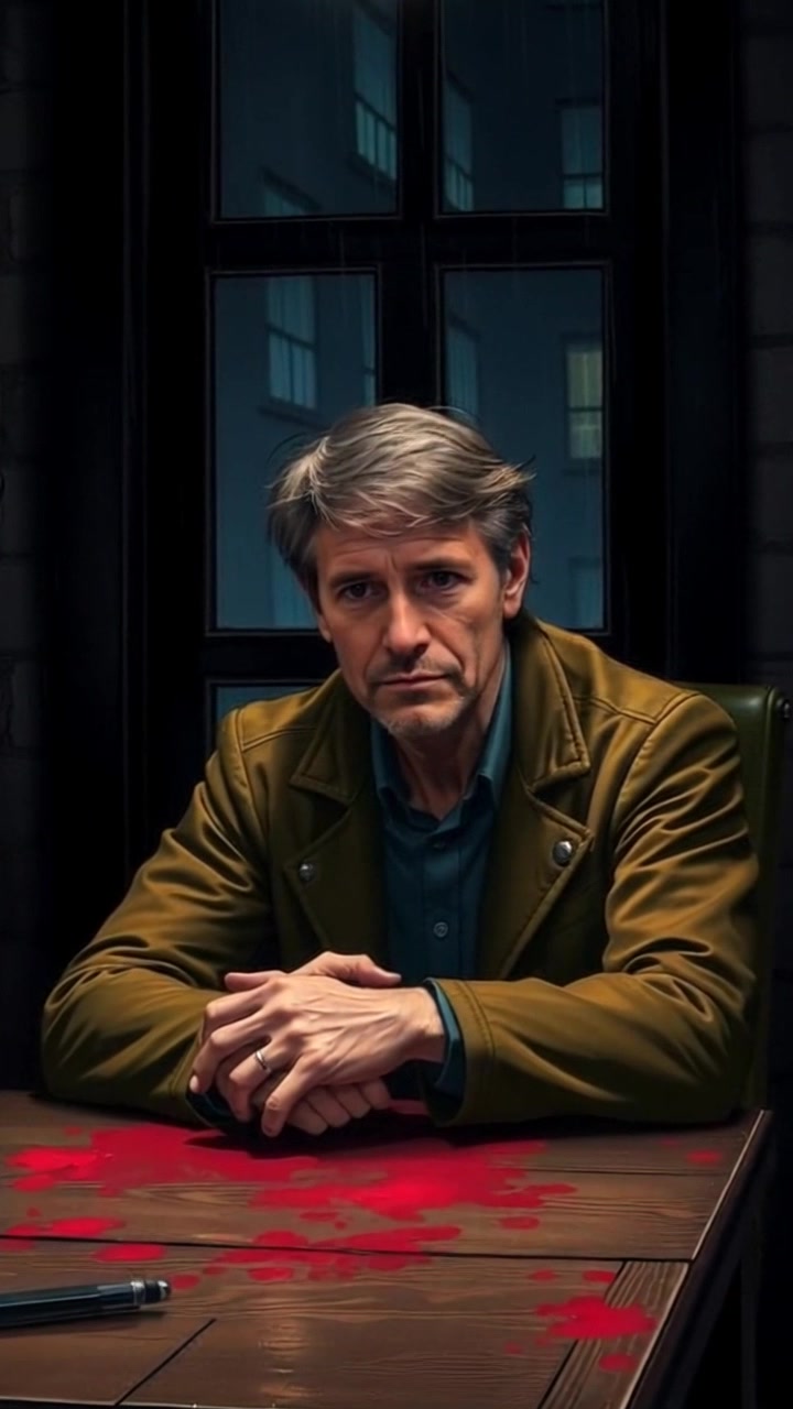Subject: A person sitting at a wooden table, looking anxious. Scene: A dimly lit room with shadows creeping across the walls, creating an atmospheric tension. Lighting: Low, moody light adding depth to the subject's expression. Motion: The camera slowly pushes in closer to the subject, capturing the intensity of the moment and the small details of unease on their face.