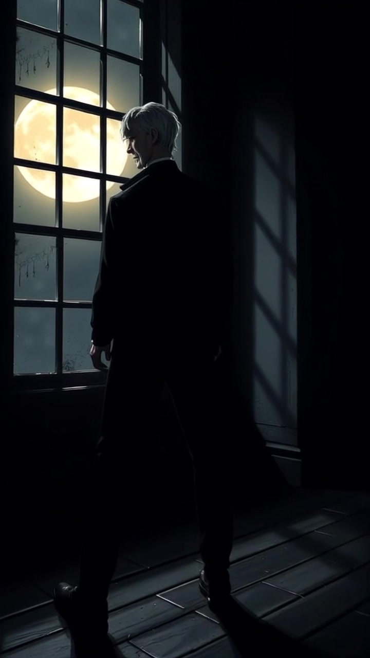 Scene: A darkened room with a silhouette standing near a moonlit window, shadows dancing across the walls. Style: Soft, cool moonlight gently illuminating the room, creating a serene yet haunting atmosphere. Motion: The camera slowly pushes in towards the silhouette, capturing the interplay of light and shadow, while a faint breeze rustles the curtains.