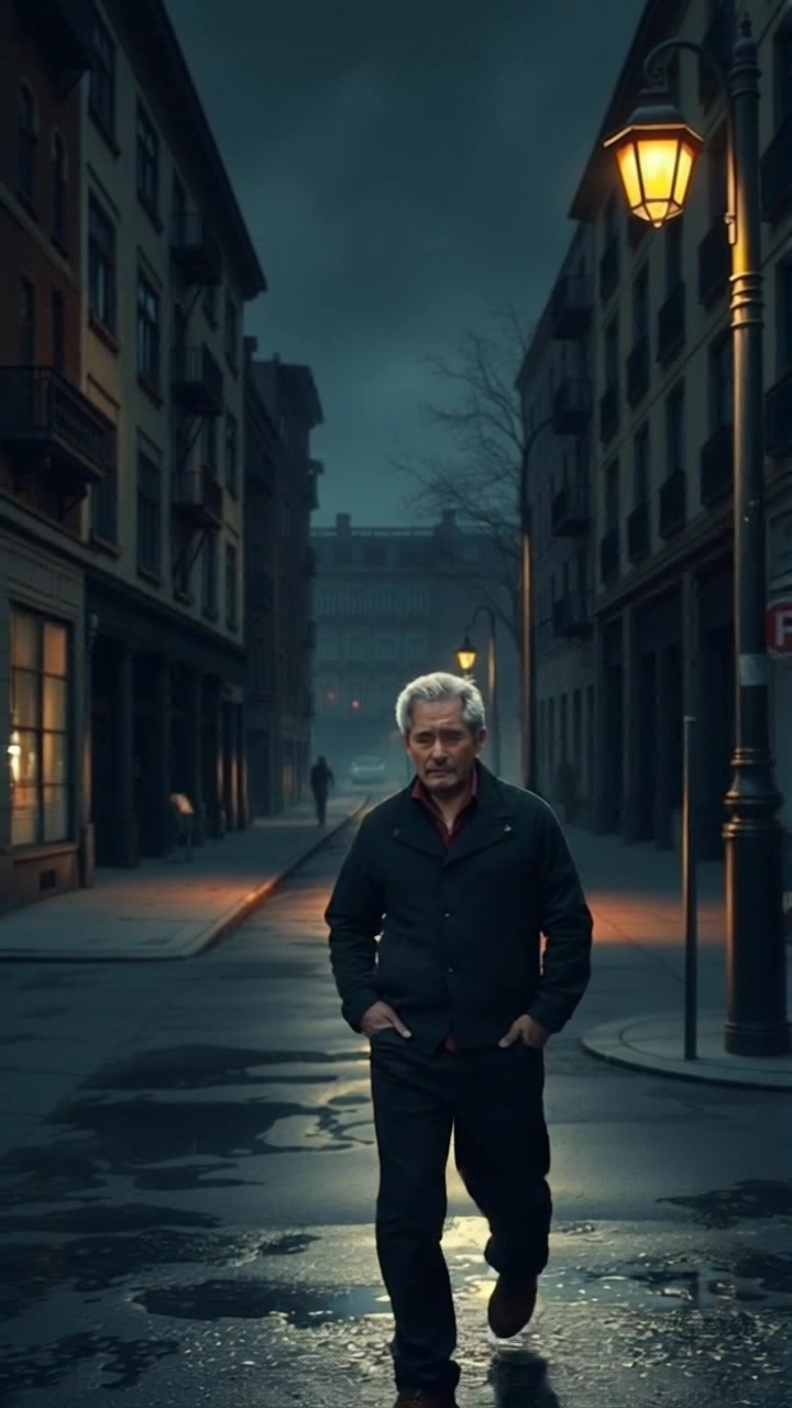 Subject: A person walking down a quiet street. Subject movement: The person walks swiftly, glancing around with a look of anxiety. Scene: A dimly lit street at midnight, illuminated by a solitary streetlamp that casts long shadows. Style: Cool, muted lighting enhancing the eerie atmosphere of the night. Motion: Camera follows closely behind, capturing the person's brisk pace while panning slightly to reveal the surrounding darkened environment.